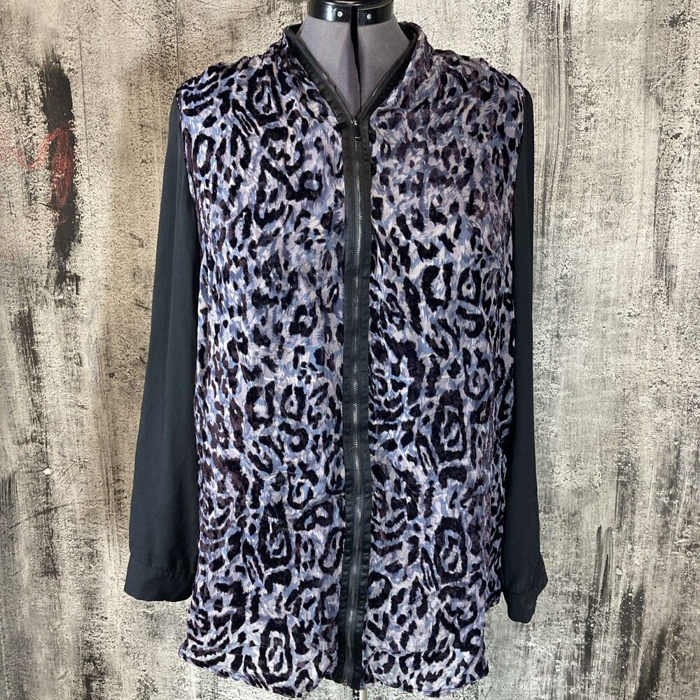 Lane Bryant Top Womens 22/24 Black Mixed Animal Print Zip Up Artsy Boho work